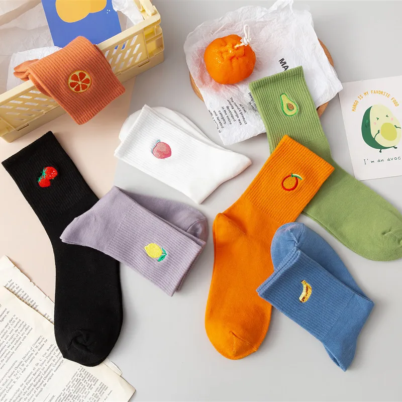 

7 Colored cotton cartoon women sock set custom fruit embroided socks