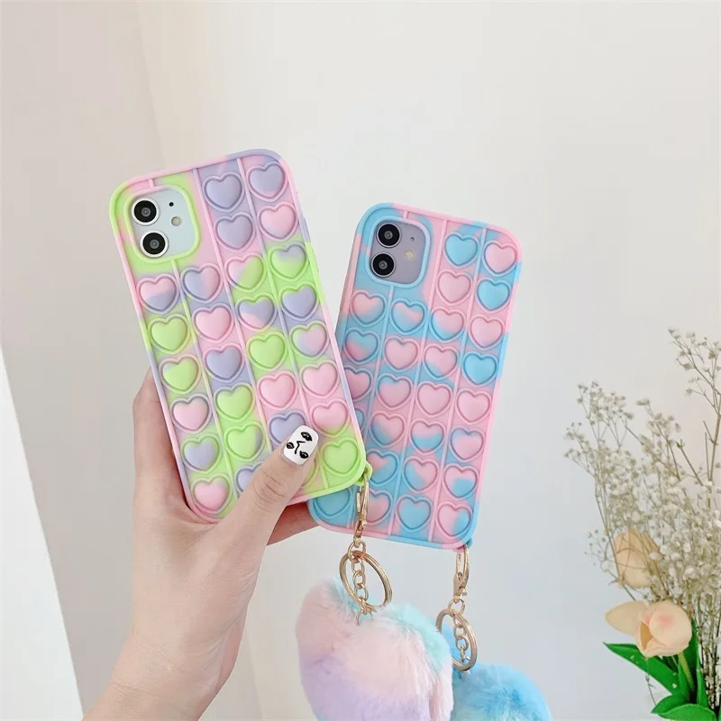 

Relieve Stress Fidget Toys Push It Bubble Love Phone case For Iphone 6 7 Plus X 11 12 Pro Max Plush love Keychain Silicone Cover