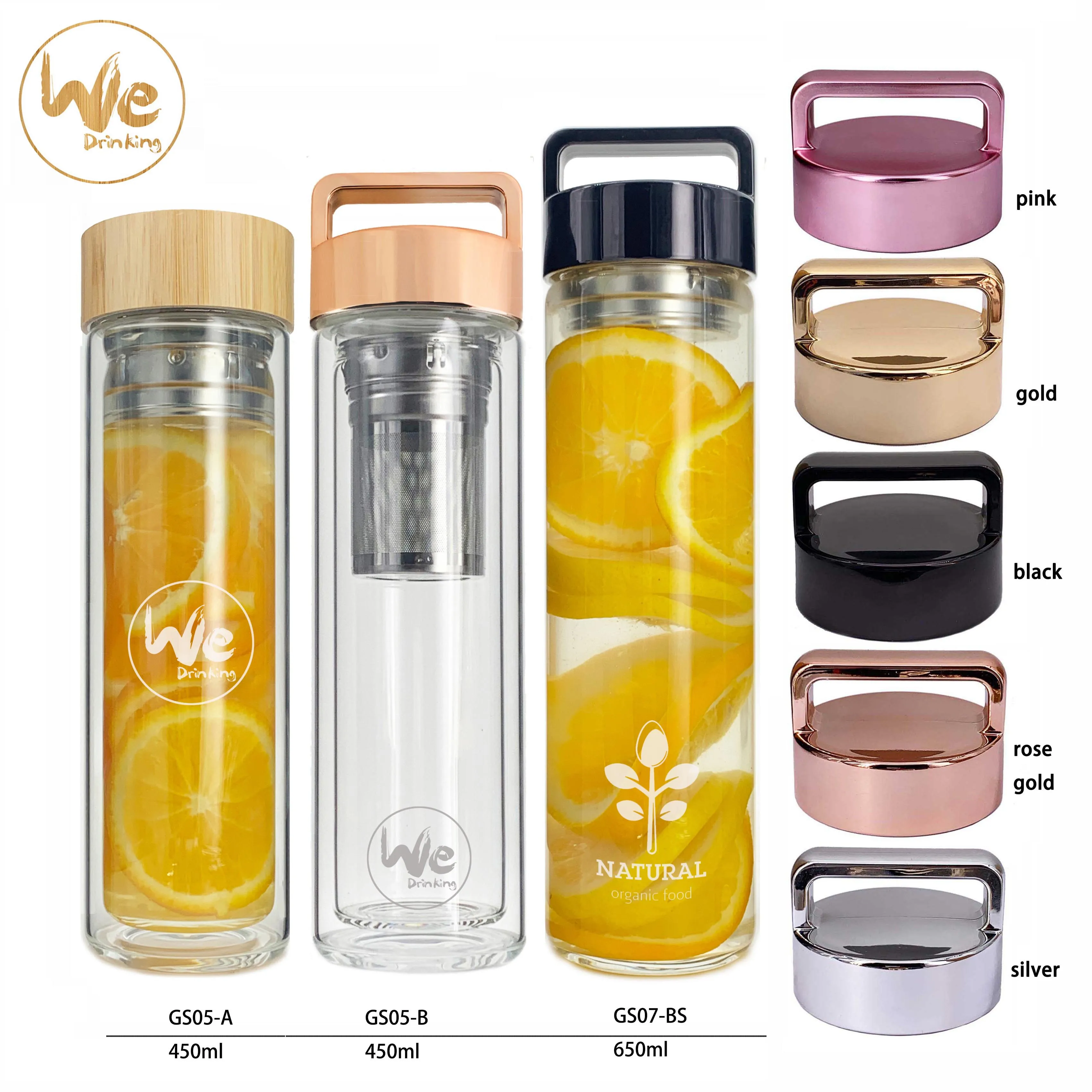 

GS07-B 480ml for Hot Cold Tea Detox Insulated Glass Water Bottle with Handle Lid and strainer