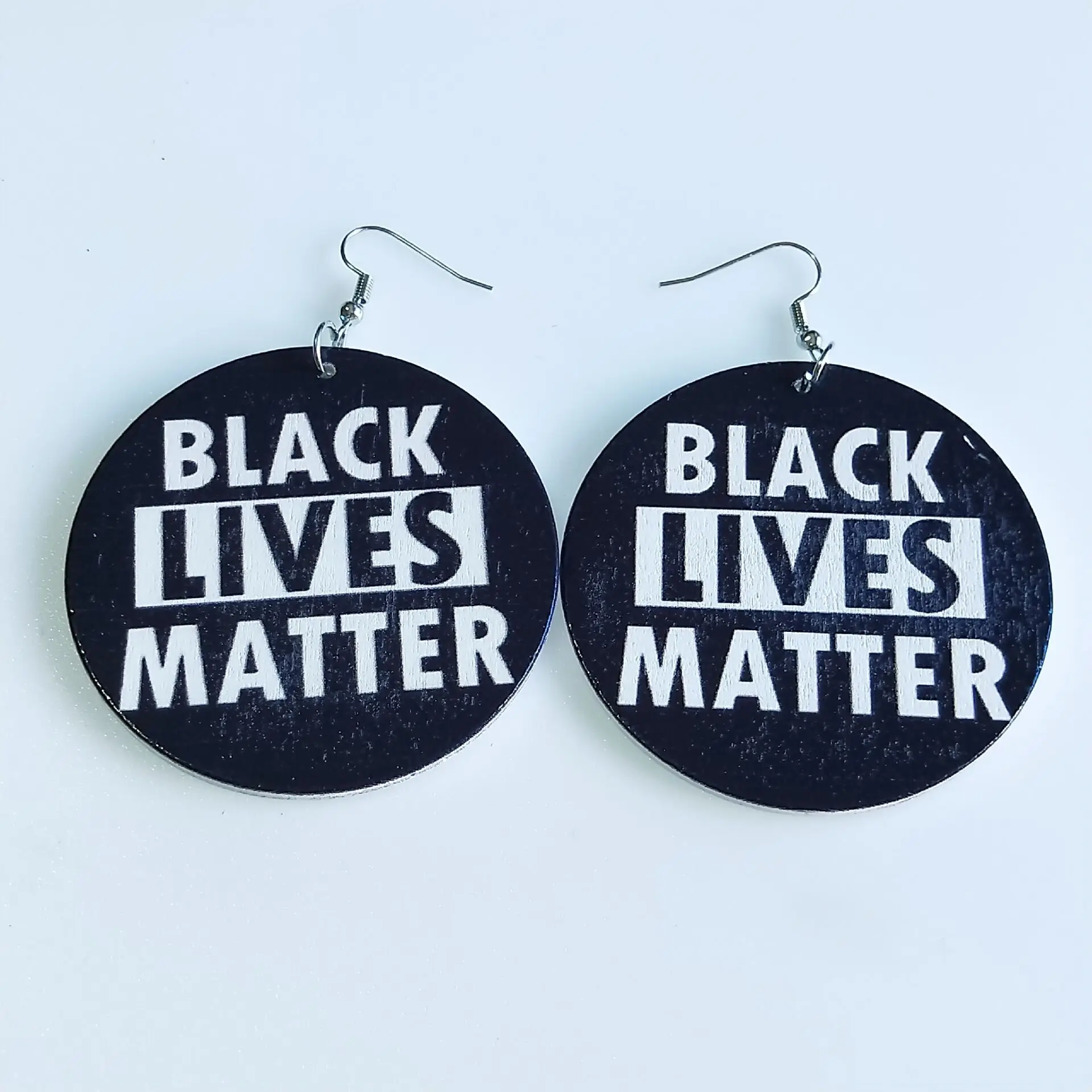 

Bohemian Personality Printing Natural Wood Black Lives Matter Earring 60mm Round Wooden Drop Earring For Girls