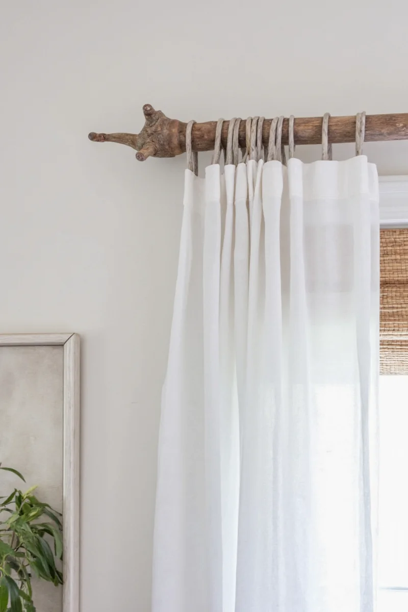 Driftwood curtain rod example with linen curtains