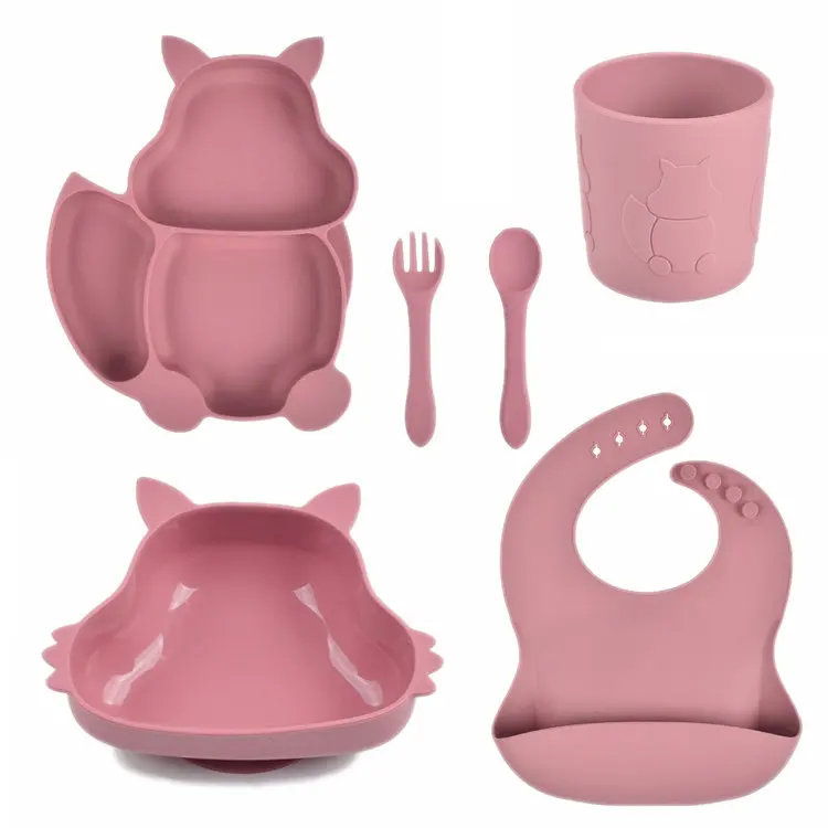 

New Arrival Squirrel Baby Silicone Suction Plate Bib Cup Bowl Spoon Fork Set BPA Free Silicone Baby Feeding Set