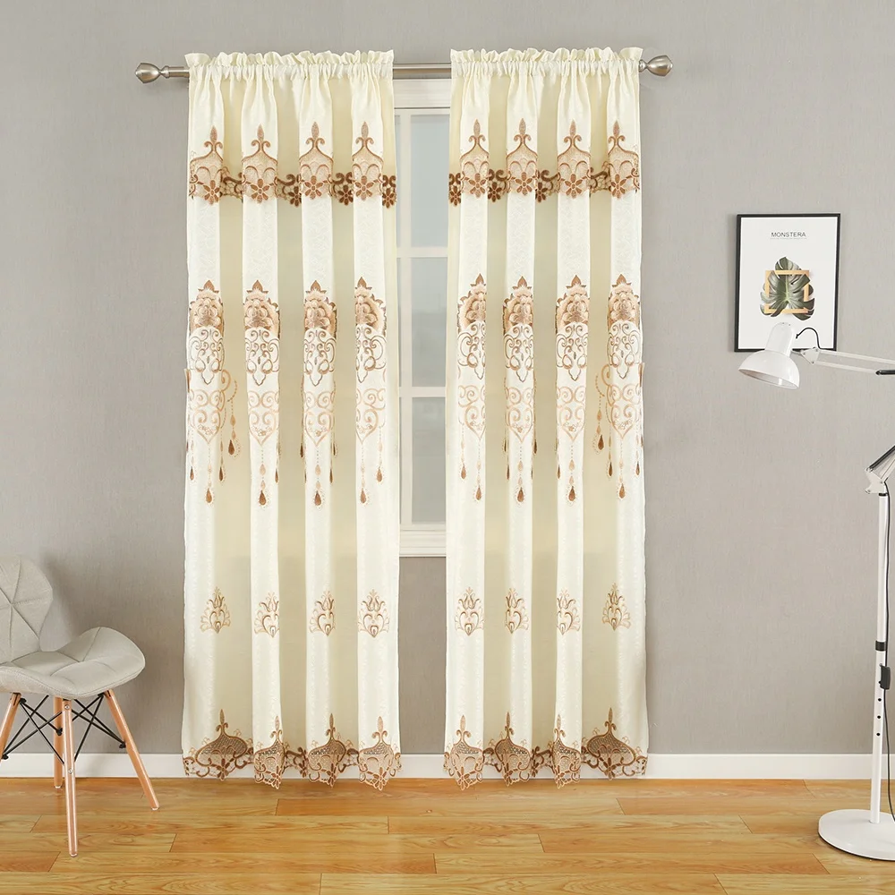 

Wholesale polyester luxury modern coffee beige embroidered rod pocket classic lace curtain for living room