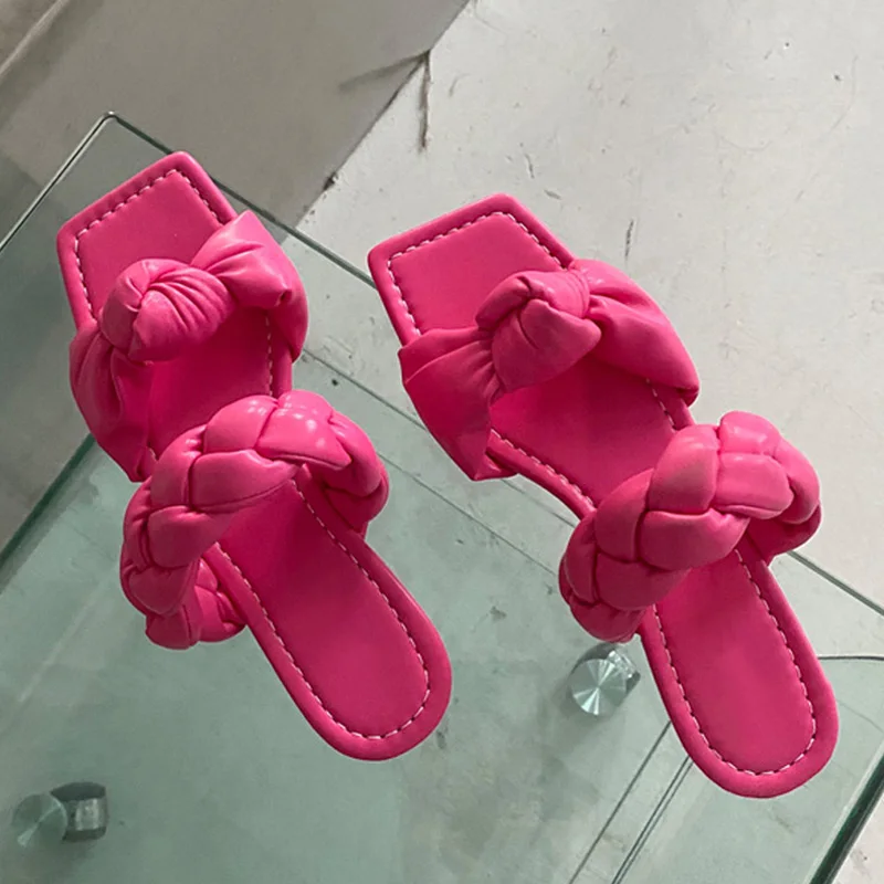 

New Fashion Candy color Square Peep Toe Shoe Casual Flat Slippers Outdoor Beach Sandals Women Mules Slides