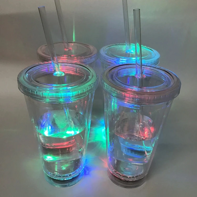 

plastic color changing LED Double Wall clear Tumbler with lid straw 16oz 500mL Party Bar flash drinkware Light Up LED mug Cups