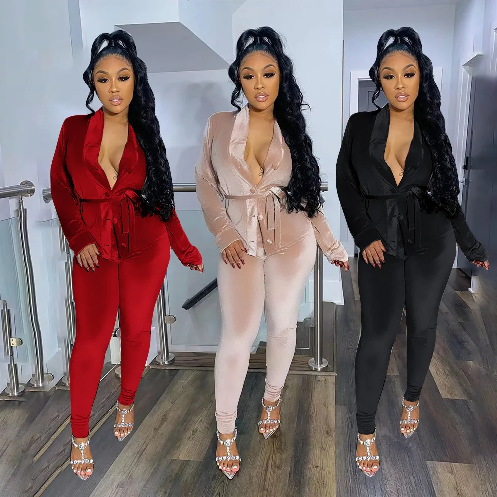 

2021 new fashion Women Fall 2 piece set Clothing Velvet Velour 2 piece set women