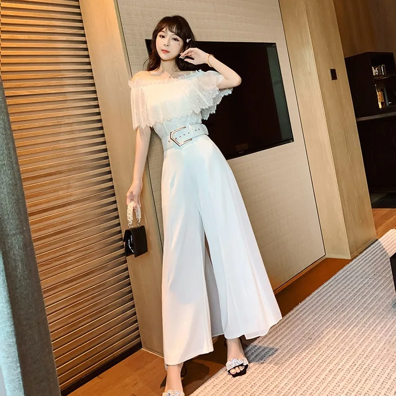 

4806 New Arrival Women'S Clothing 2022 Summer New One-Shoulder Lace Shirt Top Drape Wide-Leg Pants Suit Mopping Pants Two-Piece