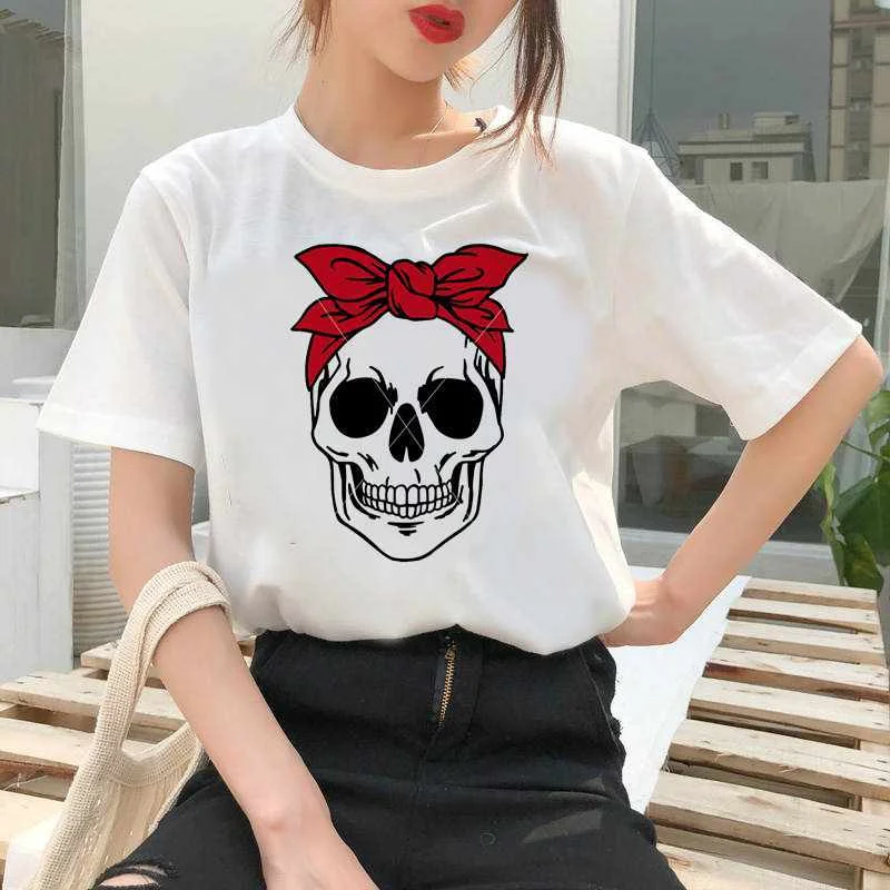 

Women Harajuku Sunflower Bandana Printed Mom T shirt Summer Camo Skull T-shirt Mama Funny Short Sleeve Tshirt Female Clothes, White