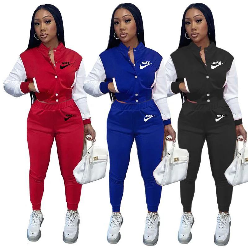 

2021 Fall Gym Fitness Nike Sets Baseball Jackets Coats 2 Piece Joggers Pants Set Single Breasted Patchwork Women Sweatsuit