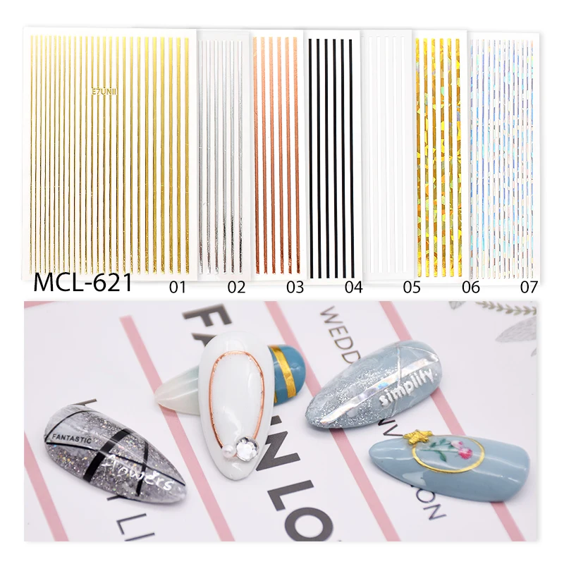 

2020 Hot selling holographic golden line stripes nail stickers for custom nail art decoration, 7 colors