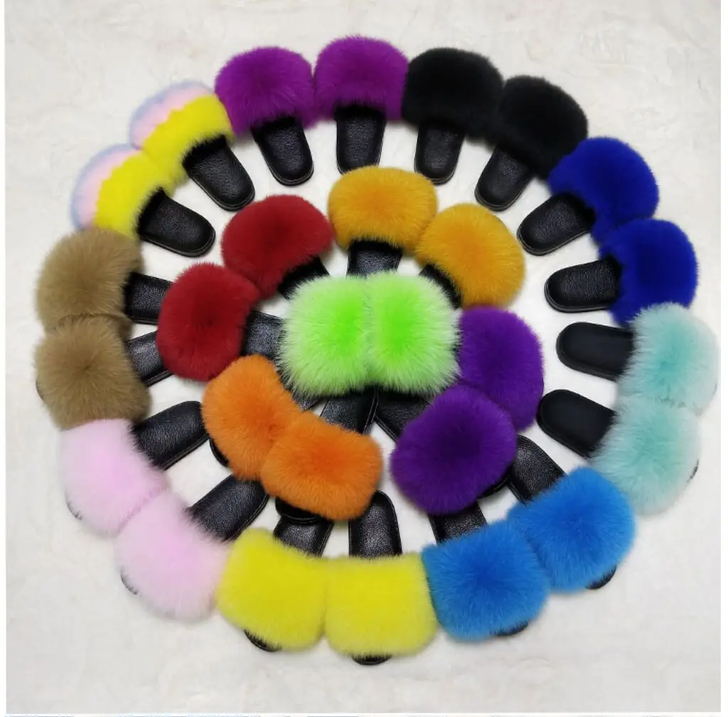 

Wholesale fashion ladies furry real fox fur slippers fur slippers for women fur slides, Customized color