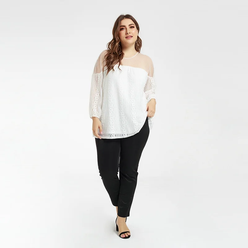 

2022 European and American autumn plus size mesh round neck lace sexy long-sleeved top, White