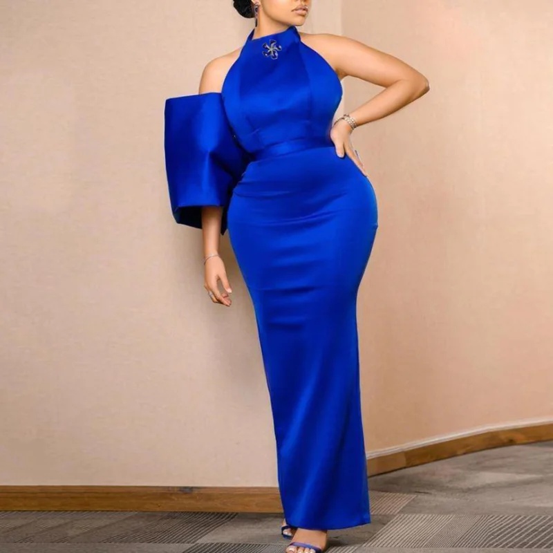 

Off Shoulder Lantern Sleeve Halter Elegant Women Evening Long Dress