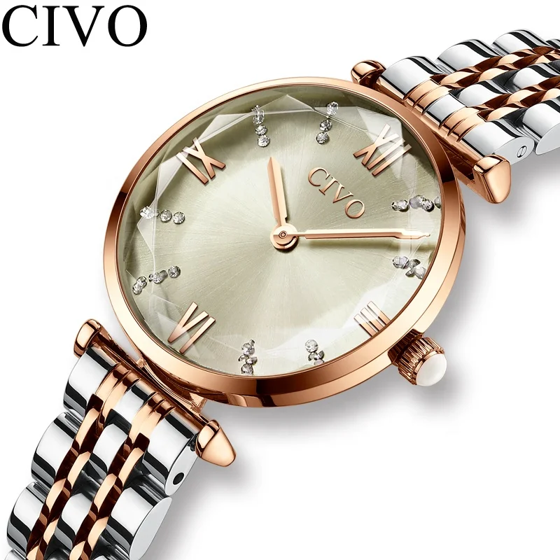 

CIVO Simple Lady Stainless Steel crystal dial Quartz watch new style Luxury Rose Gold analog Watch Woman Montre femme