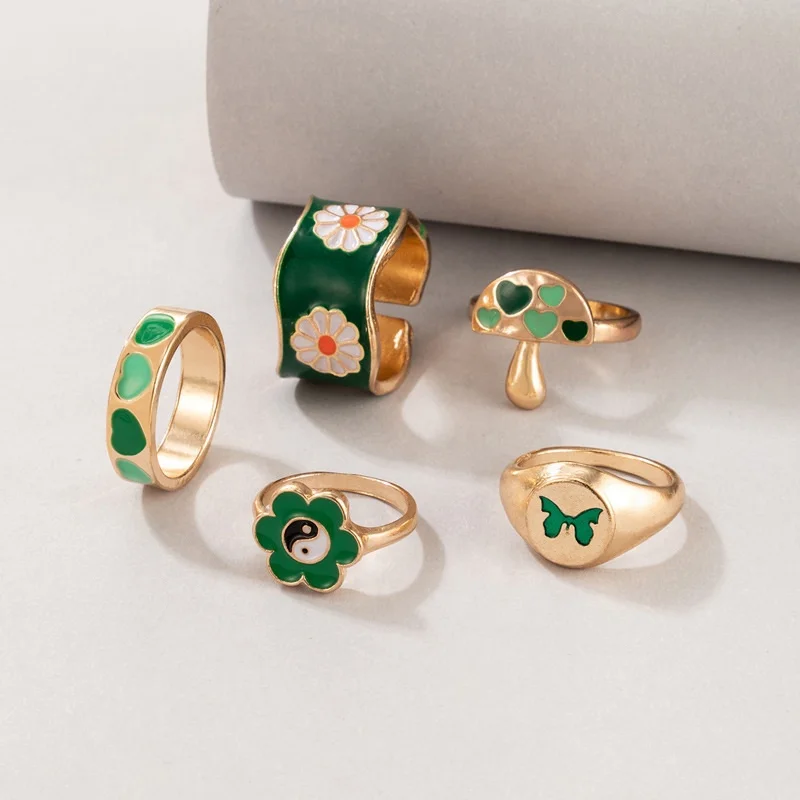 

Hot Selling INS Style Yin Yang Butterfly Flower Y2K Enamel Rings Set Green Color Geometry Heart Love Trendy Ring Set