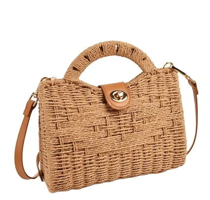 

Summer ladies ins portable messenger straw bag fashion seaside travel vacation wild handmade diy woven bag, Black.beige
