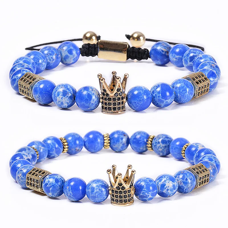 

2 Designs Available Elastic 8mm Natural Blue Emperor Stone Zircon Crown Charm Bracelet Adjustable Macrame CZ Crown Bracelet