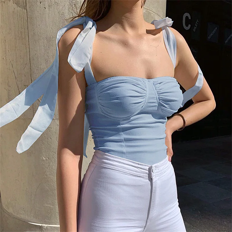 

JY037 Womens Black White Sleeveless See Through Halter Cut Out Sexy Clubwear chiffon bow Crop Tops Vest Bodice, Picture color