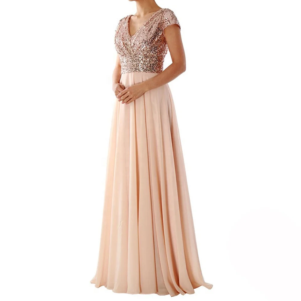 

Prom Dress Long Evening Gowns Cap Sleeves V Neck Sequin Chiffon Rose Bridesmaid Dresses Champagne