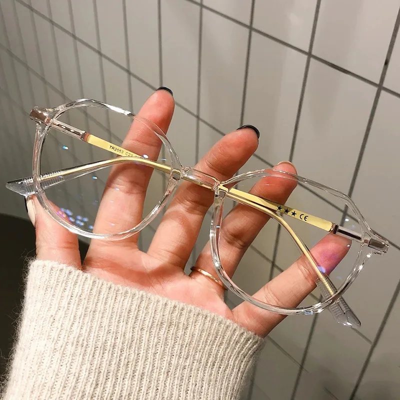 

MJ-0019 The New 2021 Irregular Without Makeup Big Box Flat Light Blue Ins Glass Frame Female Transparent Irregular Sunglasses