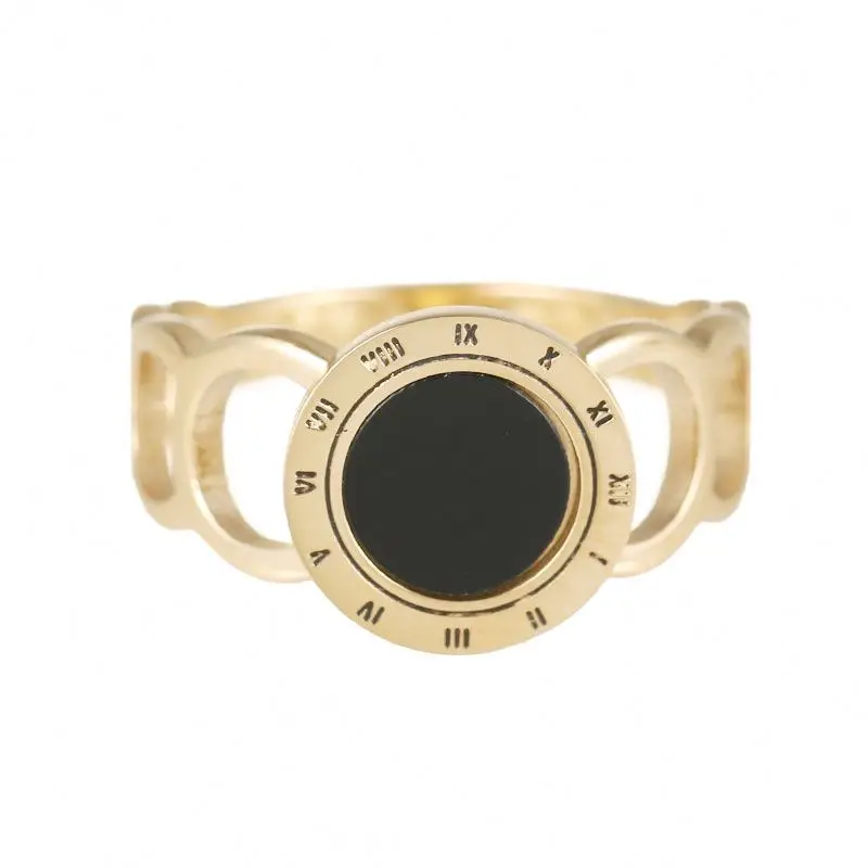 

Hot Design Women's Jewelry 14K Gold Plated Stainless Steel Black Stone Engraved Roman Number Ring