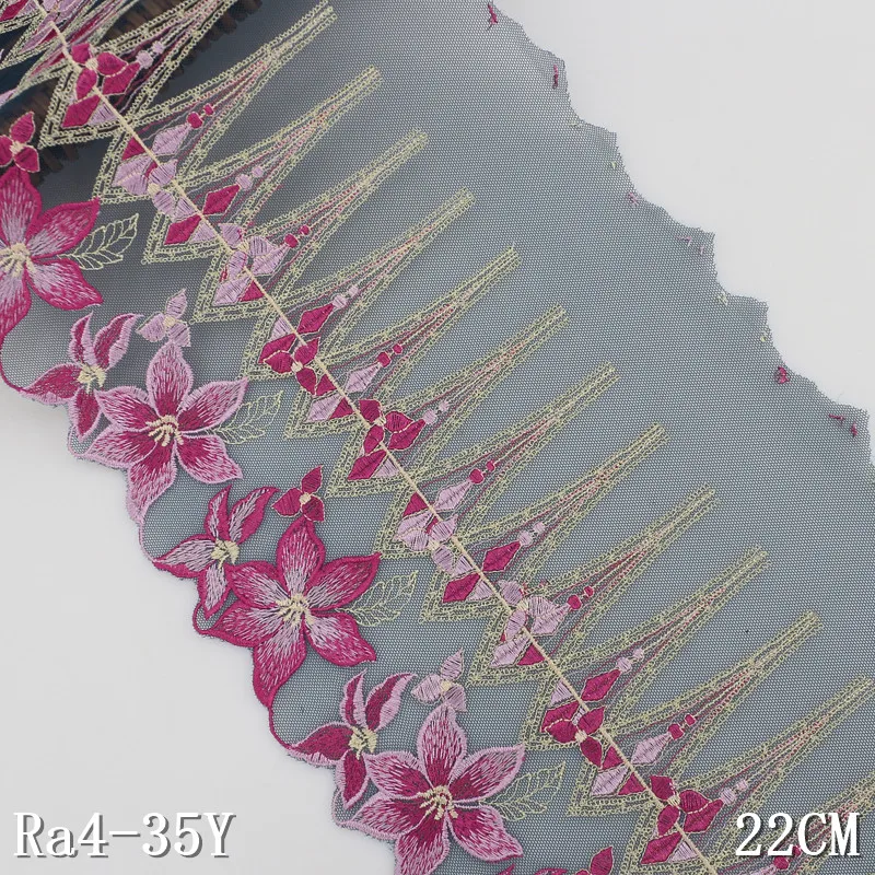 

embroidery lace 22cm wide 3d pink flower colonial green net lace fabric, Colonial green net pink flower