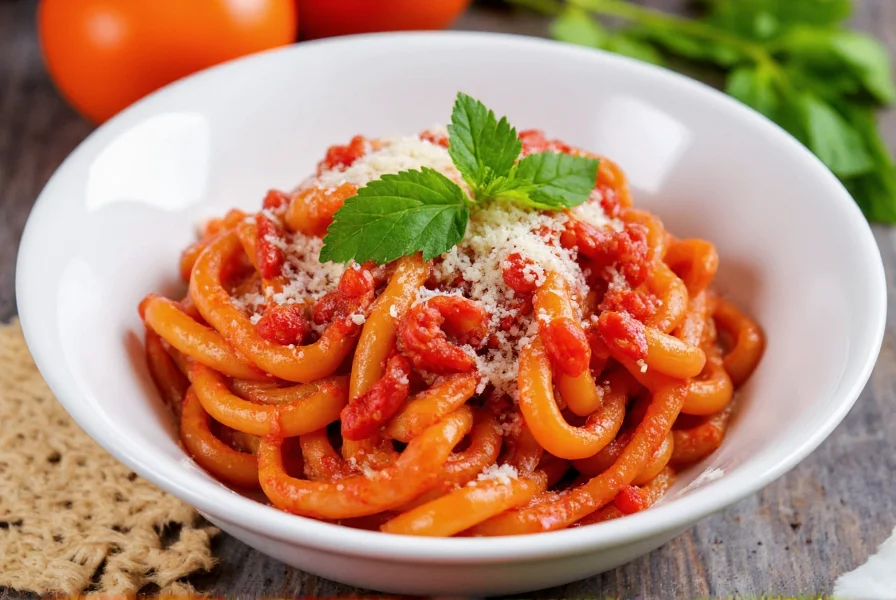 Bowl of vibrant red chili pasta topped with fresh parsley and grated pecorino cheese