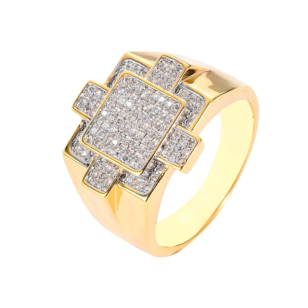 

Creative New Design Inlaid Zircon Ring Fashion Hip Hops Gold Plated Cubic Zirconia Geometric Rings For Men