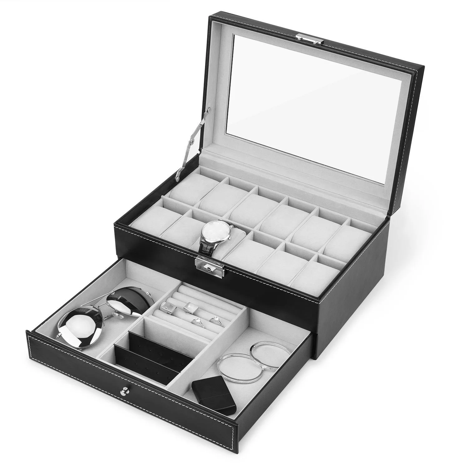 

Wholesale 12 Slot PU Leather Lockable Watch Storage Boxes 2-Tier Organizer With Jewelry Display Drawer Box, Balck,red