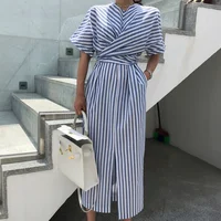 

Korean Design Elegant stripe maxi dress lady cotton casual dress