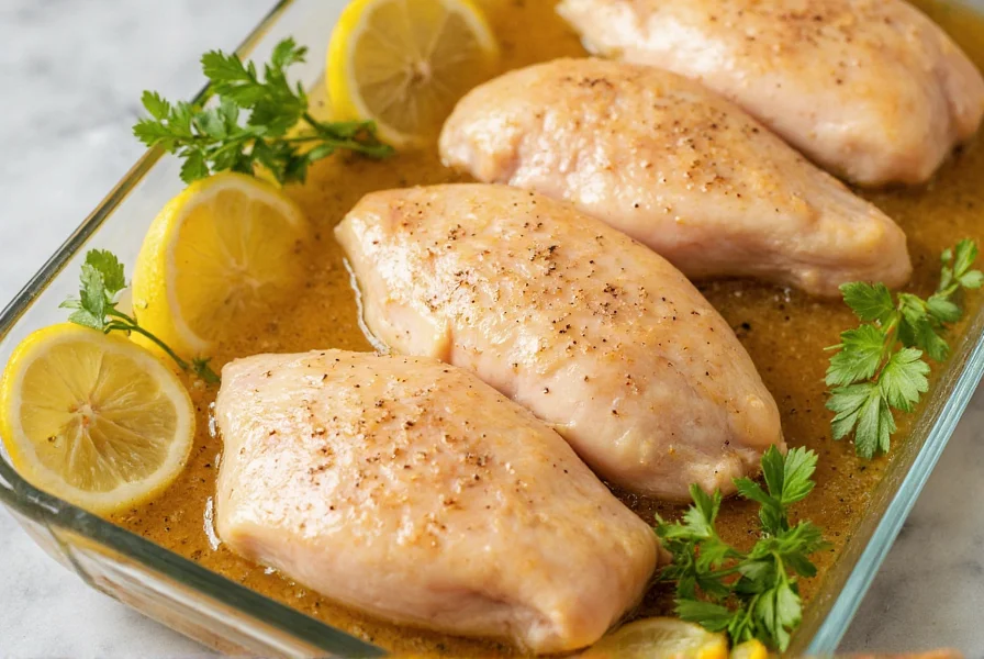 Close-up of chicken breasts marinating in lemon pepper mixture in glass dish with fresh herbs