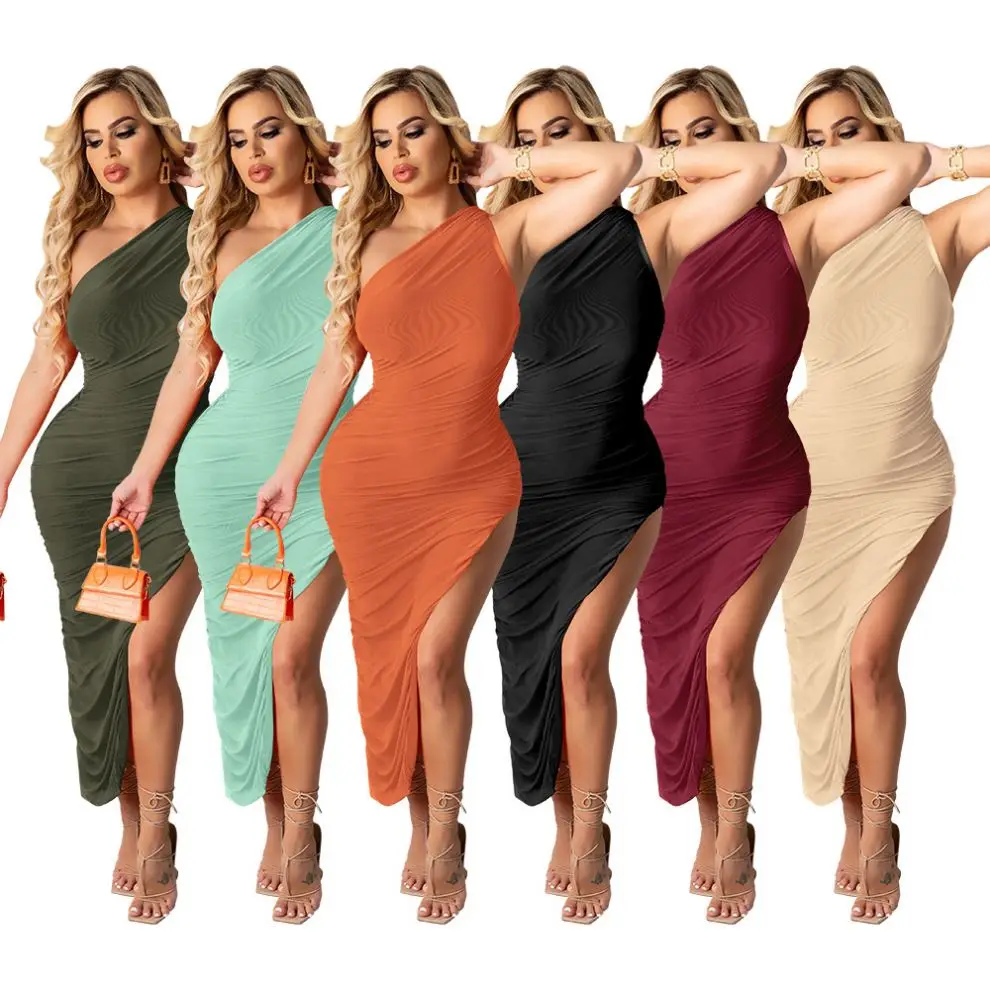 

2021 New design women sexy dress solid color one shoulder bodycon dress night club women elegant dress, As picture or customized make