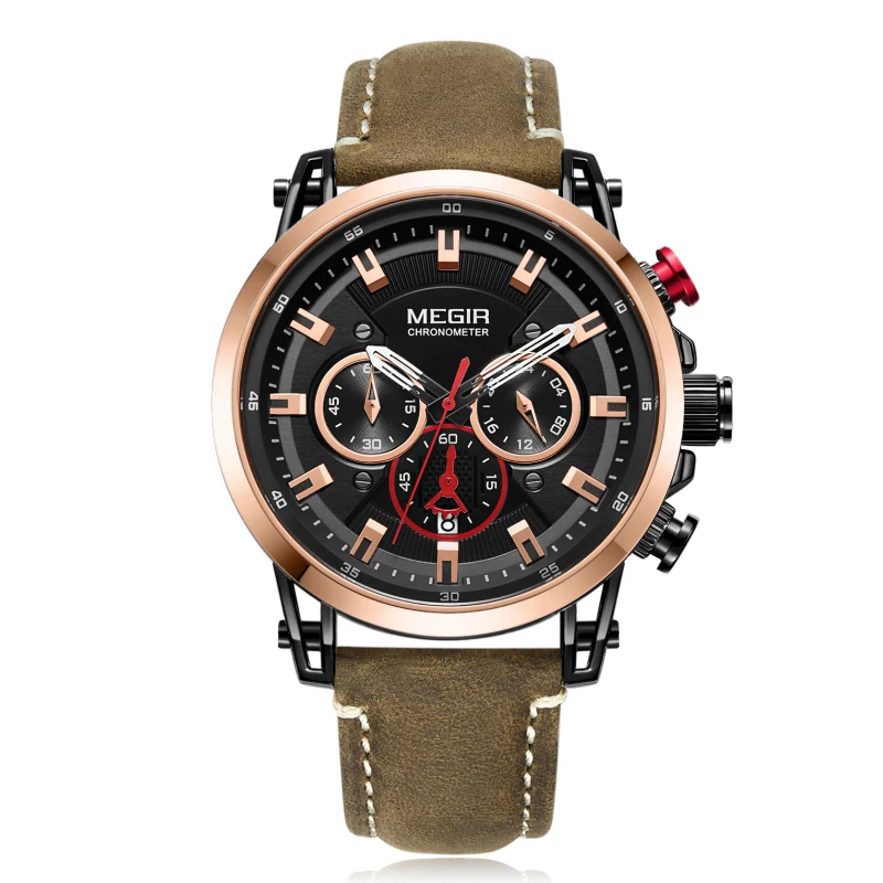 

Reloj Masculino Megir 2085 Casual Business Mens Military Leather Pilot Watches Luxury Men Chronograph Sport Watch, Black, silver, rose gold, brown