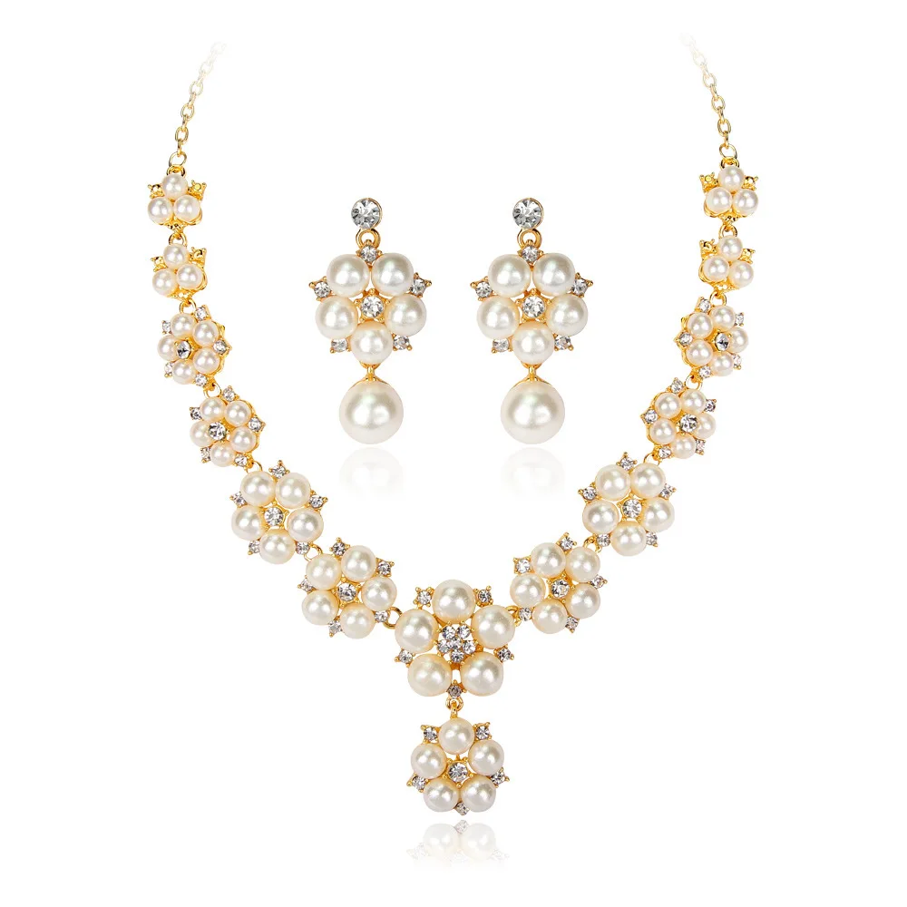 

Bride Accessories Pearl Flower Necklace Pearl Earring Pendant Gold Jewelry Sets