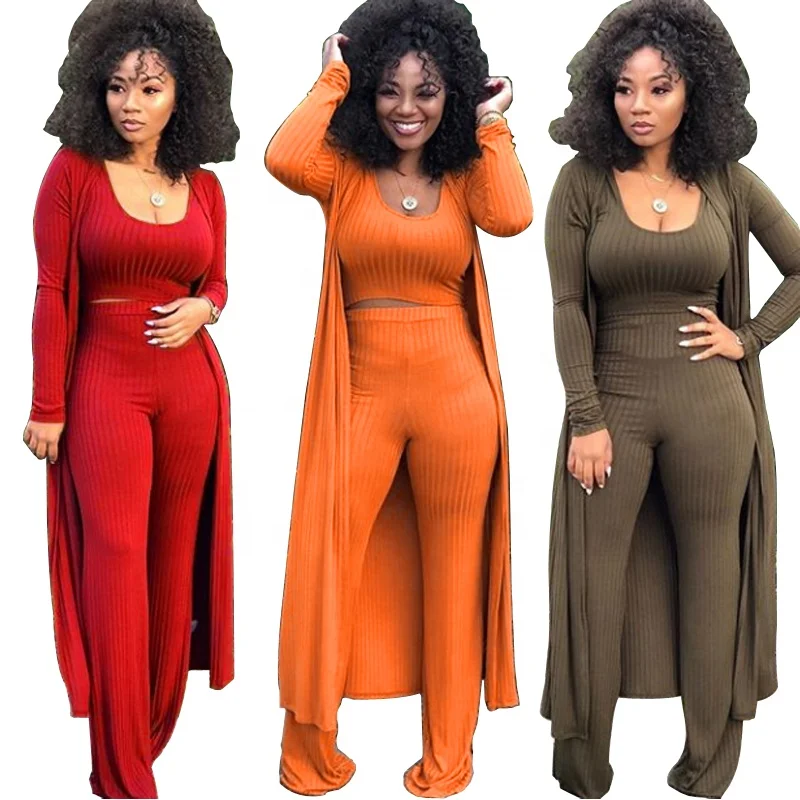 

Hot hotselling high-elastic full sleeve long cardigan 3 pieces set women wide leg pant set, As shown on picture
