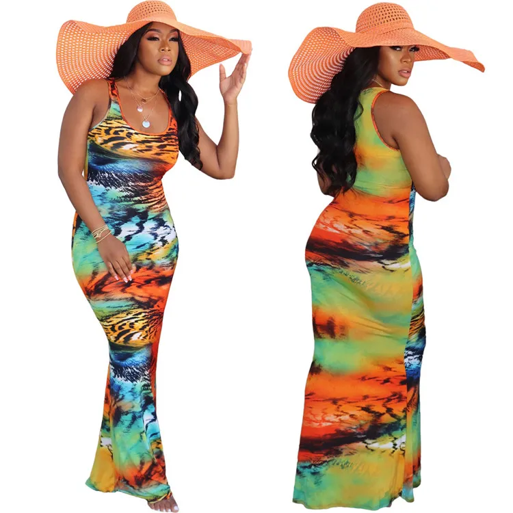 

Fashion Sexy Print Pencil Dress Sleeveless Plus Size Maxi Dress Long Ladies Summer Dresses Party Wear, Multi color