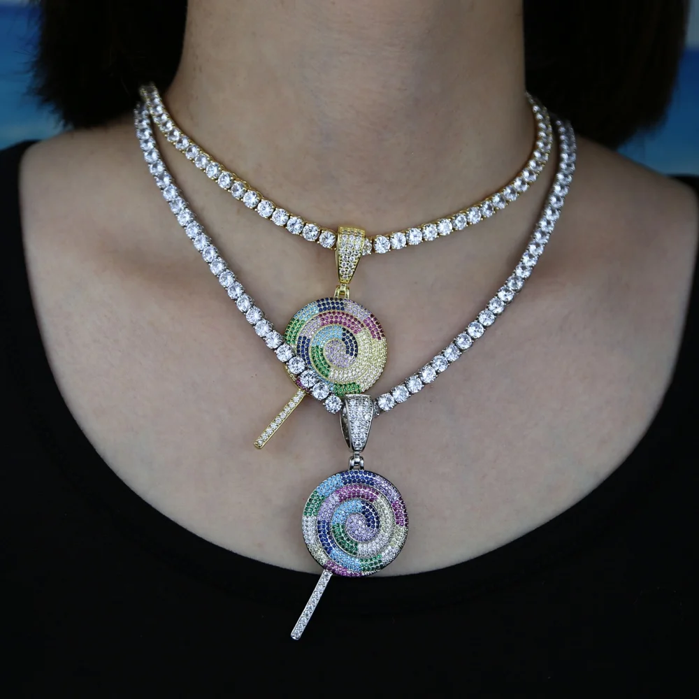 

2021 New Rainbow cz Lollipop charm pendant with 5mm Tennis Chain Necklace jewlry wholesale chain For women Men hip hop Jewelry, Black