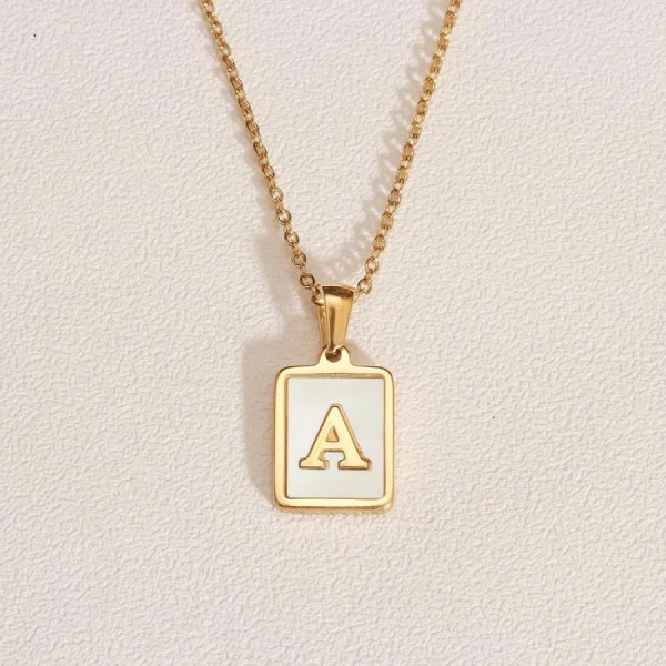 

A-z Alphabet name Jewelry initial Square Pendant Emboss gold mother of pearl Letter Necklace For women