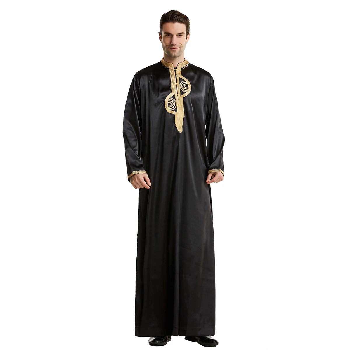 

MUSLIM MOCK SILK ROBE WITH EMBROIDERY STAND COLLAR THOBE ARAB DESIGN DAFFAH THOBE GALABIA THAWB CAFTAN KAFTAN GOWN FOR MEN