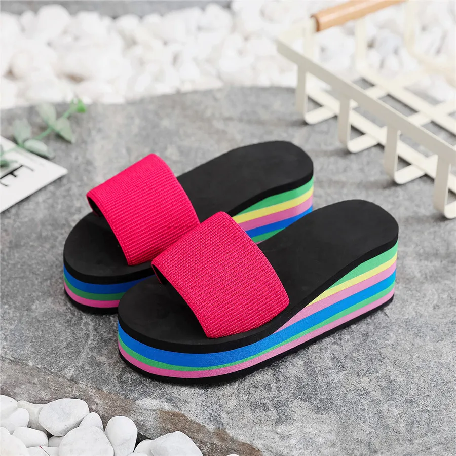 

Summer Outdoor Top Quality Flip-flops Slope Heel Lady Summer Rainbow Plat Sandals High-heeled Popular Color Wear Casual Sandals