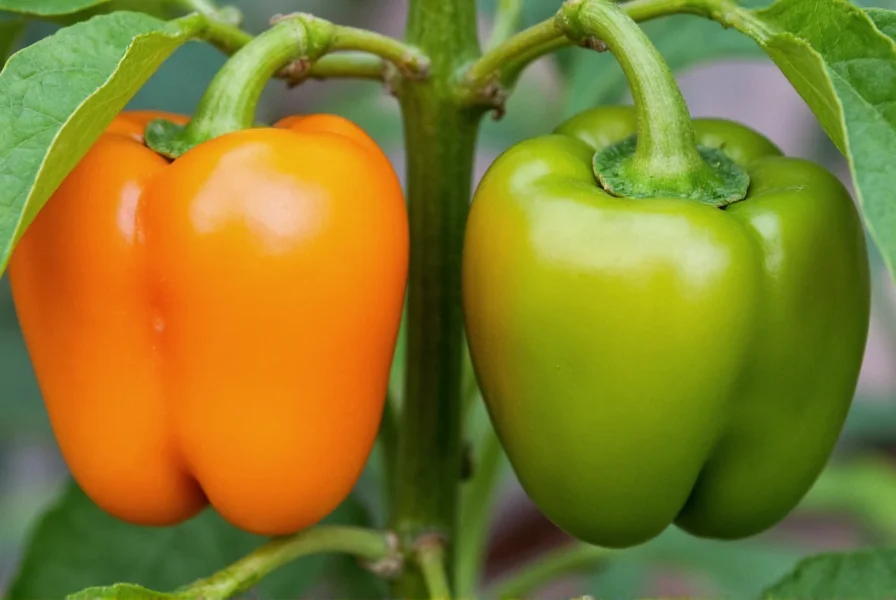 Close-up comparison of regular bell pepper and sport pepper showing color and shape differences on same plant