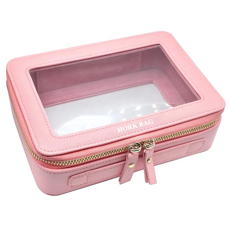 Clear Makeup Bag Pink Leather Cosmetic Bag Transparent Cosmetic Bag For