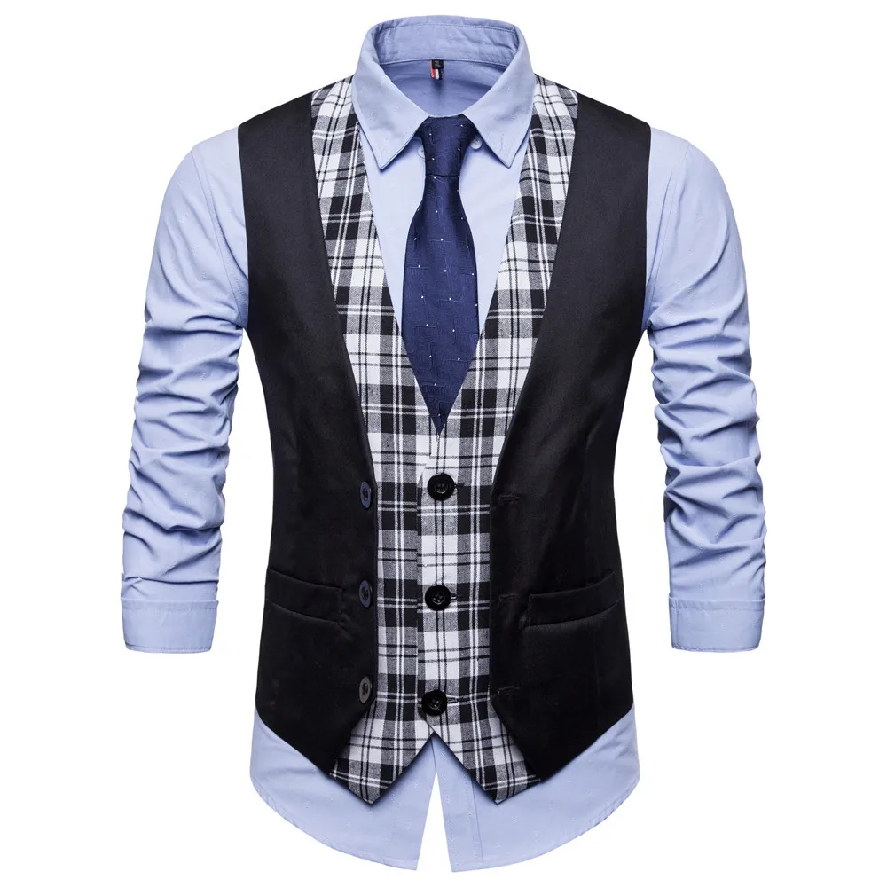 

Fashion Classic Plaid Vest for Men Formal Casual Dress Vest Suit Slim Fake Two Pieces Waistcoat