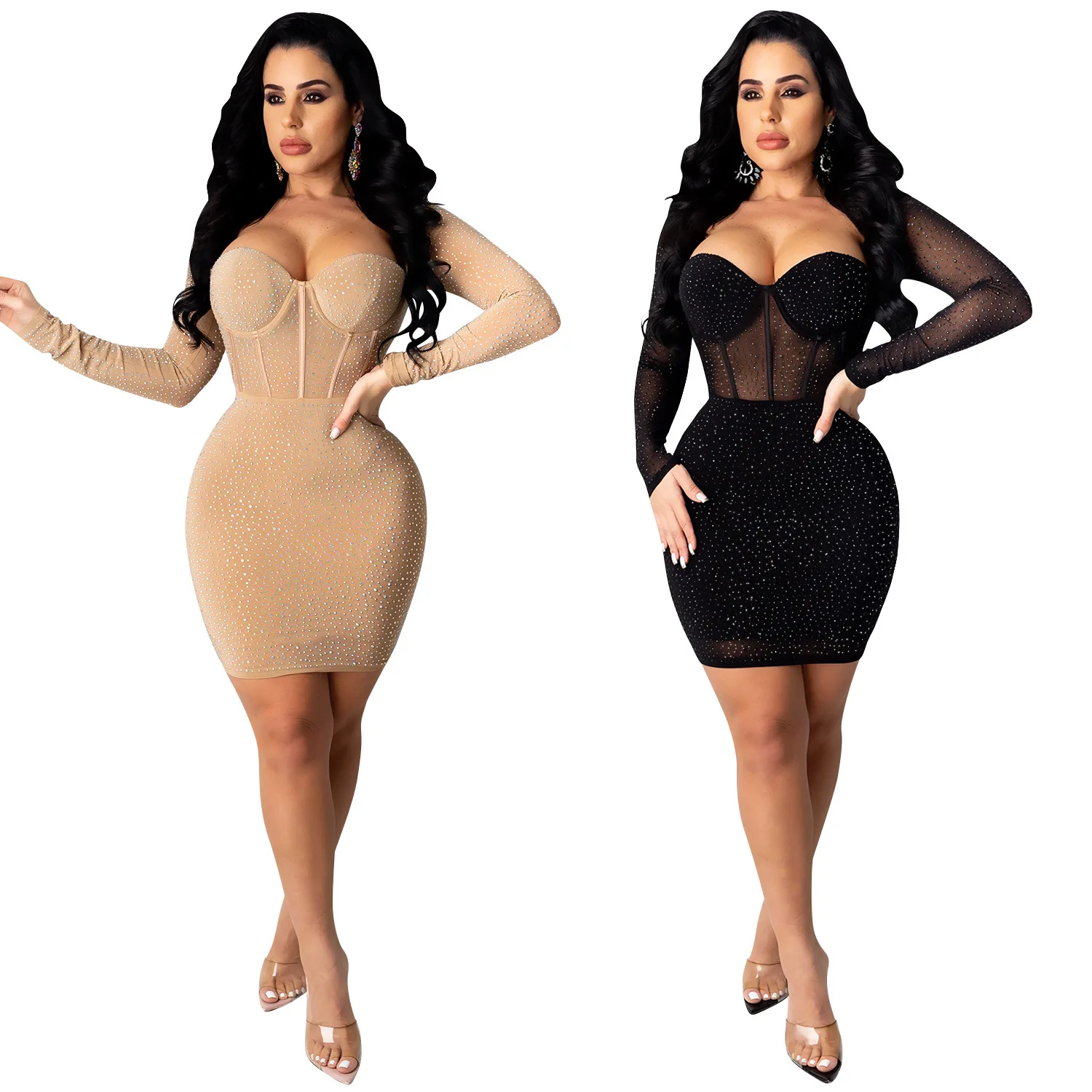 

2021 New Arrivals Ladies Party nightclub mesh see through ironing set diamond sexy skinny dress clubwear, 2 colors as picture