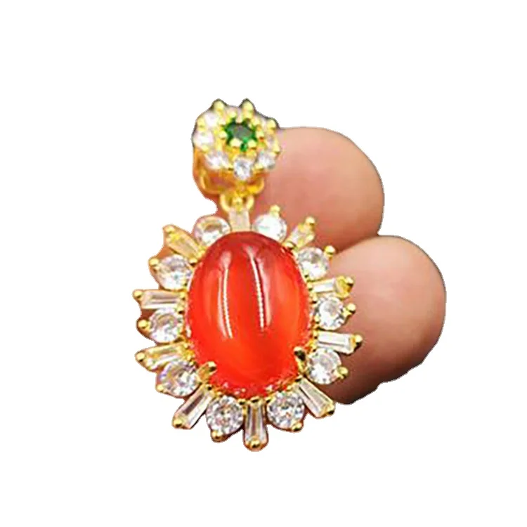 

925 Bright Gold Inlaid Red Agate Egg-Shaped Pendant Ice Carnelian Pendant