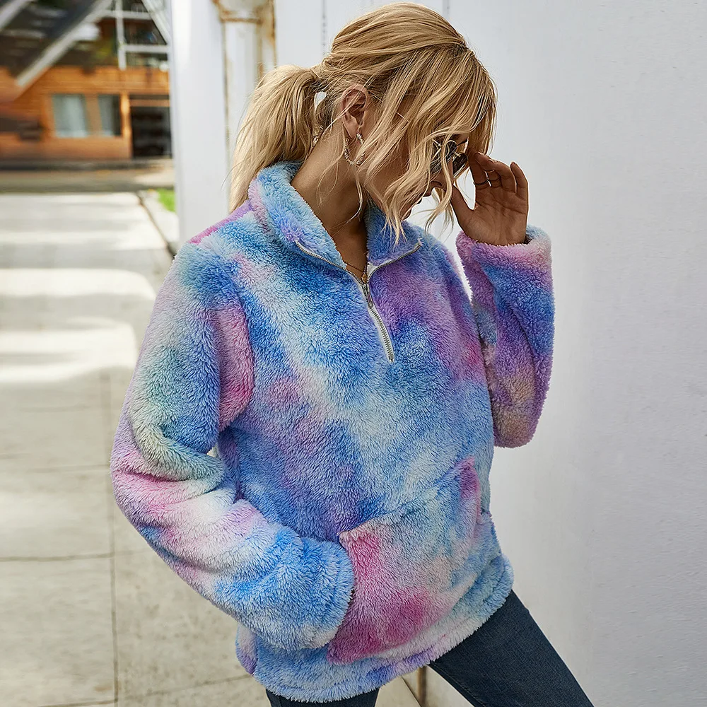 

Fashion 2020 Winter Thick Top Women Pullover Plush Sherpa Hoodie Zipper Shaggy Tie Dye Sweatshirt, As pictures show