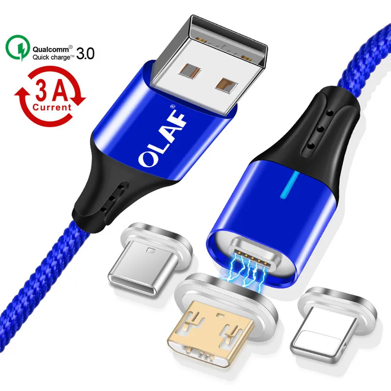 

OLAF 1m Led 3 in 1 magnetic fast charge cable for micro usb cord, Black red blue silver