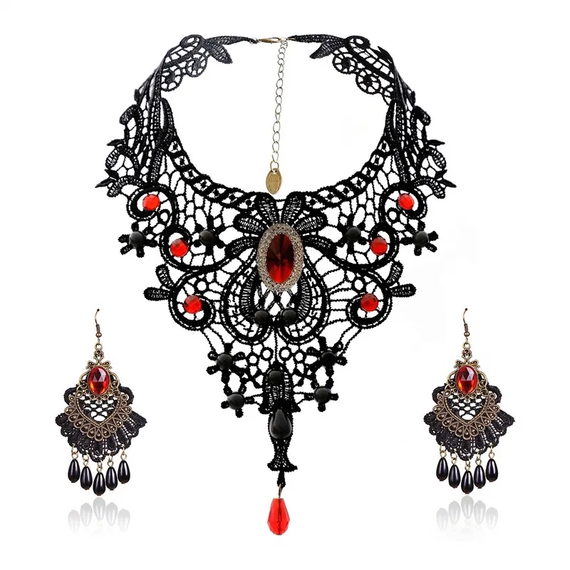 

Handmade Exaggerated Jewelry Set Gothic Jewelry Black Lace Necklace & Earring Women Accessories Party Jewelry