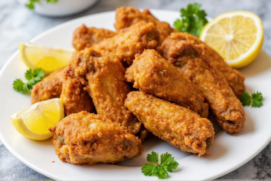Crispy golden lemon pepper chicken wings on a white plate with lemon wedges and fresh parsley