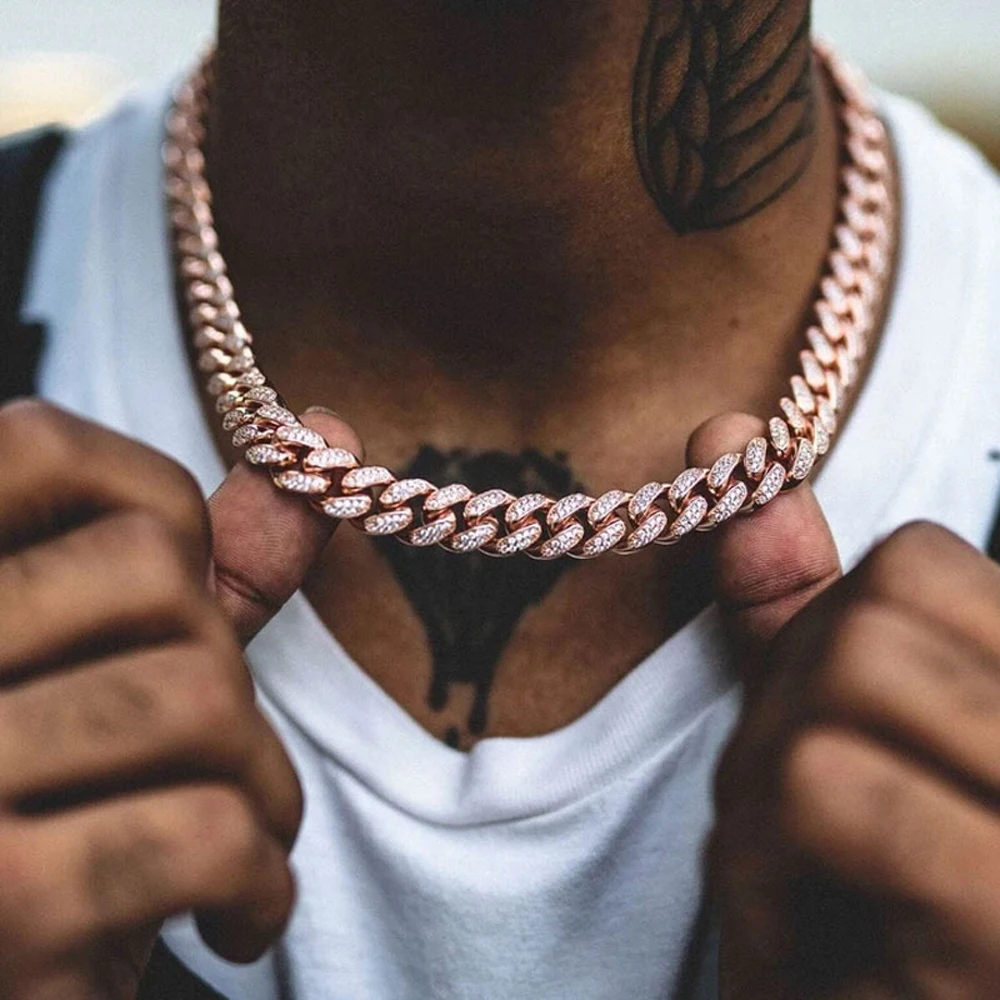 

Hip Hop  Gold Silver Pink Plated Prong Setting Zircon Miami Cuban Chain Diamond Necklace Bracelet Cuban Link Chain Men